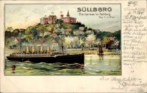 Litho Hamburg Altona Blankenese, Süllberg, Dampfer auf der Elbe