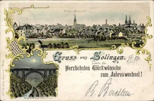 Litho Solingen im Bergischen Land, Glückwunsch Neujahr, Totalansicht, Müngstener Brücke