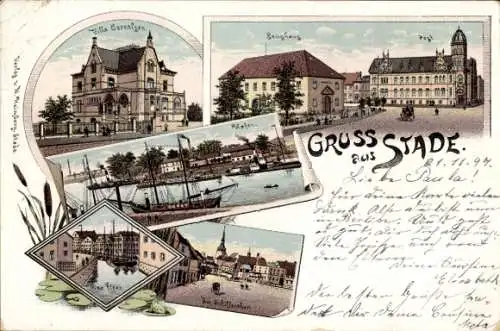 Litho Stade in Niedersachsen, Villa Cornelsen, Zeughaus, Post, Hafen, Schiffertor, Zeughaus