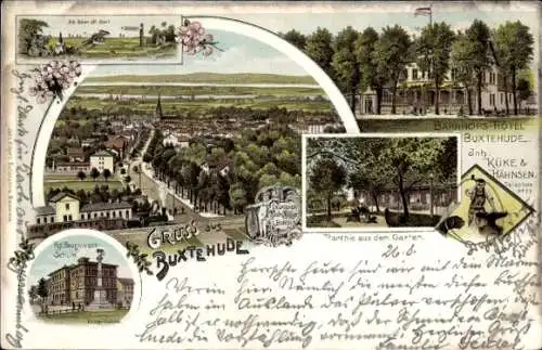 Litho Buxtehude in Niedersachsen, Baugewerkschule, Bahnhofshotel