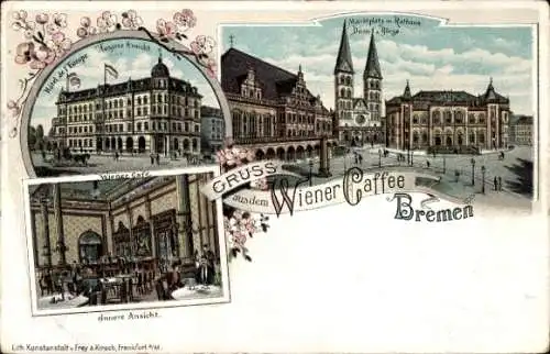 Litho Hansestadt Bremen, Wiener Cafe, Marktplatz, Rathaus, Dom, Börse, Hotel de l'Europe