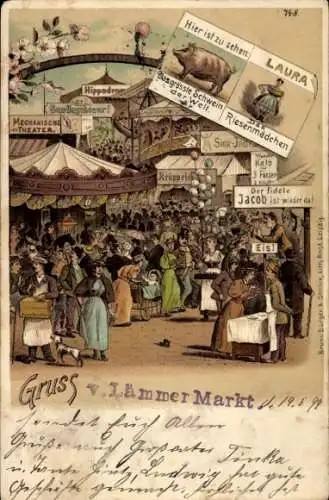 Litho Gruß vom Lämmer Markt, Laura das Riesenmädchen, Jahrmarkt, Karussell, Schwein