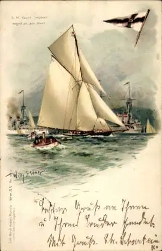 Künstler Litho Stöwer, Willy, Deutsches Kriegsschiff, SM Yacht Meteor segelt an den Start