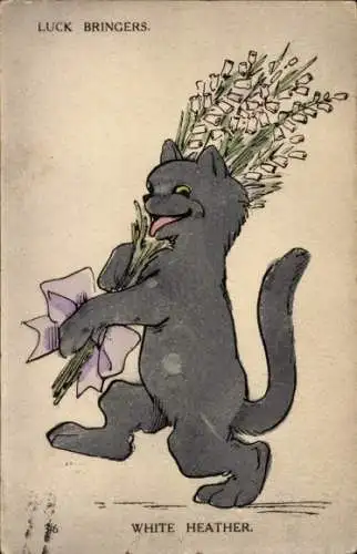 Ak Glückwunsch, Schwarze Katze mit Blumen, Glücksbringer