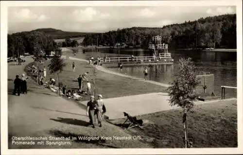 Ak Langenbrück Schlesien, Strandbad, Wildgrund, Promenade, Sprungturm