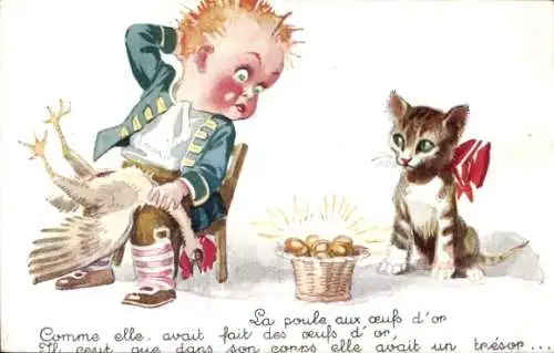 Ak Hauskatze, Korb mit goldenen Eiern, geschlachtetes Huhn, Die Henne mit den goldnen Eiern