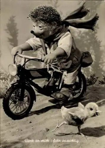 Ak Mecki der Igel, Denk an mich, Fahr vorsichtig, Motorrad, Küken