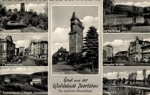 Ak Iserlohn Märkischer Kreis, Danzturm, Bismarckturm, Heidebad, Franzosenohl, Gasthaus Graumann
