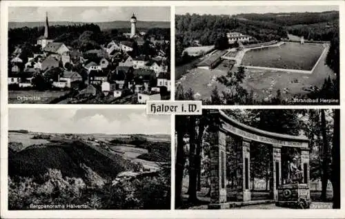 Ak Halver in Westfalen, Strandbad Herpine, Bergpanorama Hälvertal, Ehrenmal, Blick auf den Ort