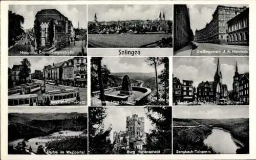 Ak Solingen im Bergischen Land, Zwillingswerk J. A. Henckels, Markt, Waffenschmied-Brunnen, Burg