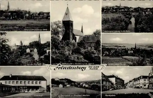 Ak Fröndenberg Ruhr Nordrhein Westfalen, Bahnhof, Marktplatz, Sportplatz, Stiftskirche und Kloster