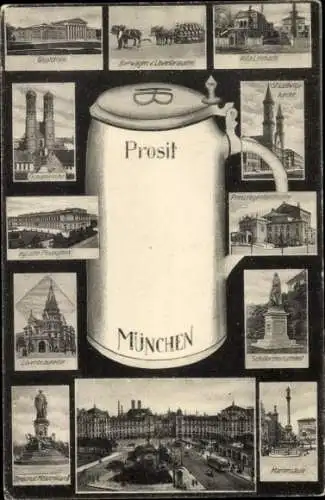 Ak München, Bierkrug, Frauenkirche, Schillermonument, Mariensäule, Bierwagen Löwenbräu