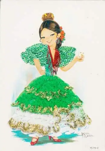 Stoff Künstler Ak Garcia, Frau in spanischer Tracht, Kleid, Portrait