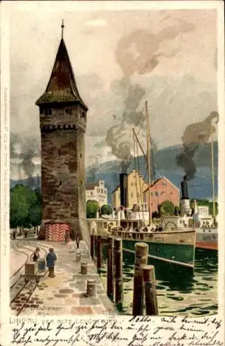 Künstler Litho Diemer, Zeno, Lindau Bodensee, Alter Leuchtturm, Salondampfer