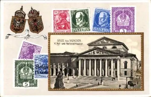 Briefmarken Ak Grafrath in Oberbayern, K. Hof- und Nationaltheater, Wappen