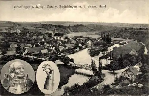 Ak Berlichingen Schöntal in Württemberg, Totale, Götz v. Berlichingen mit der eisernen Hand