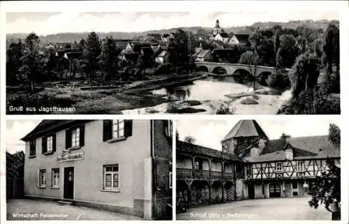 Ak Jagsthausen an der Jagst Württemberg, Totale, Schloss, Gasthof Felsenkeller