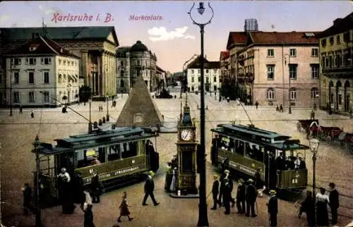 Ak Karlsruhe in Baden Württemberg, Marktplatz, Straßenbahn 68