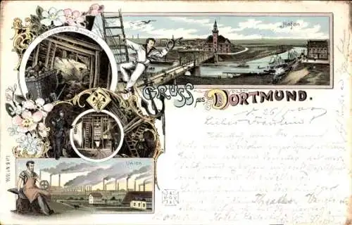 Litho Dortmund im Ruhrgebiet, Hafen, Union, Bergwerk