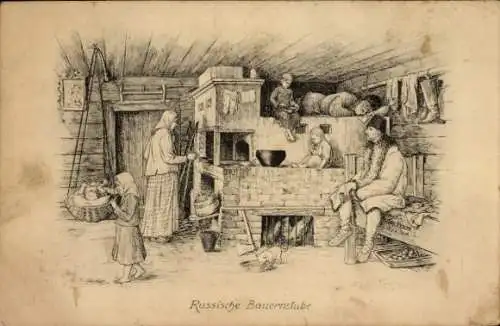 Künstler Ak Russische Bauernstube, Familie, Tracht, Katze