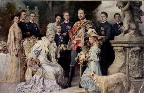 Künstler Ak Keller, F., Kaiserhaus, Wilhelm II, Kaiserin Auguste Viktoria, Kronprinz, Windhund