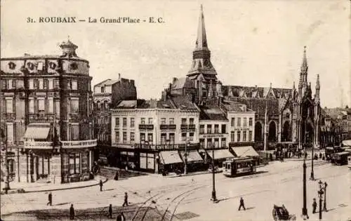 Ak Roubaix Nord, Grand'Place, Straßenbahn, Kirche