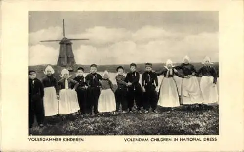 Ak Volendam Nordholland Niederlande, Kinder in Tracht, Windmühle