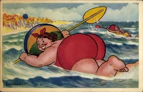 Künstler Ak Dicke Frau im Badeanzug beim Paddeln im Meer