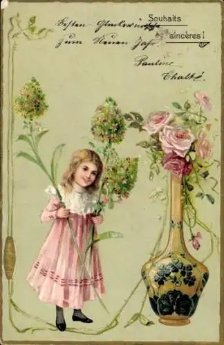 Präge Litho Mädchen, Blumenvase, Rosen