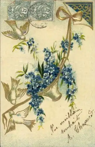 Präge Ak Tauben, Blumenkorb, Kitsch, Vergissmeinnichtblüten