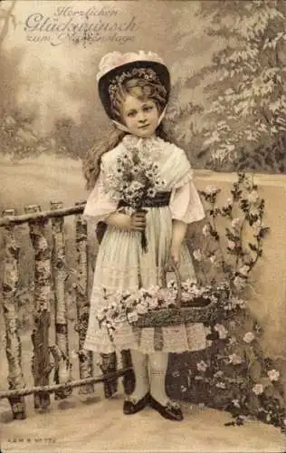 Litho Glückwunsch Namenstag, Mädchen mit Blumenstrauß und Blumenkorb