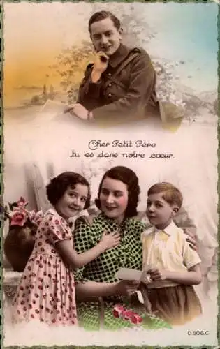 Ak Französischer Soldat, Mutter mit Kindern