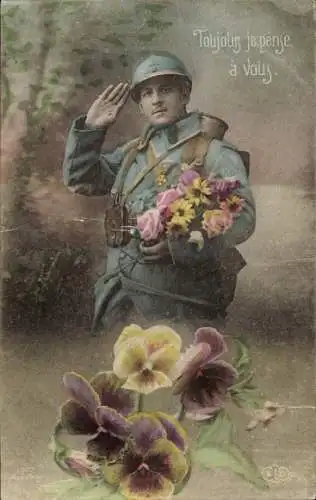 Ak Französischer Soldat mit Blumenstrauß, Stiefmütterchen