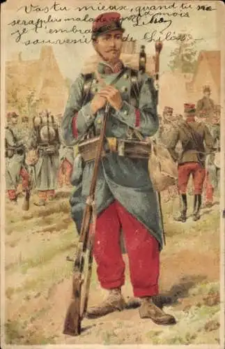 Litho Französischer Soldat in Uniform, Gewehr