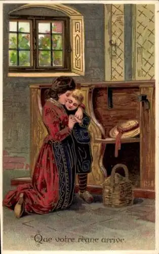 Präge Litho Dein Königreich komme, Frau und Kind im Gebet, Vaterunser