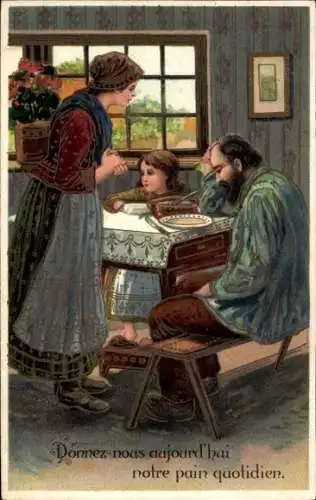 Präge Litho Unser täglich Brot gib uns heute, Familie am Esstisch,Vaterunser