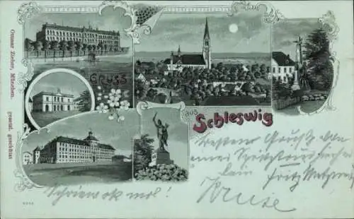 Mondschein Litho Schleswig an der Schlei, Teilansicht, Kirche, Denkmal