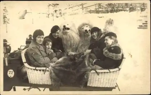 Foto Ak Frauen und Kinder auf einem Pferdeschlitten, Personen in Hundekostümen, Winter
