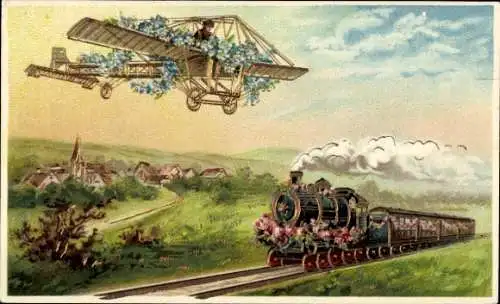 Litho Dampflok und Flugzeug mit Blumen geschmückt