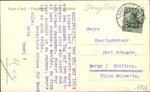 Litho Dampflok und Flugzeug mit Blumen geschmückt