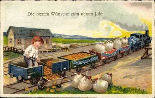 Ak Glückwunsch Neujahr, Güterzug mit Münzen und Geldsäcken