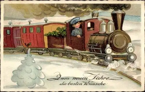 Ak Glückwunsch Neujahr, Dampflok, Eisenbahn, Kleeblätter