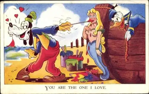 Künstler Ak Disney, You are the one I love, Goofy, Donald Duck, Galionsfigur