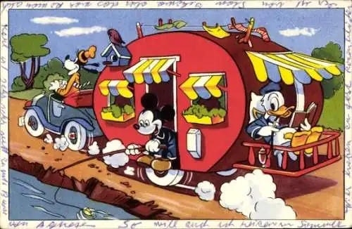 Künstler Ak Disney, Wohnwagen, Donald Duck, Mickey Maus, Goofy