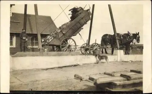 Foto Ak Pferdefuhrwerk entleert den Anhänger, Straßenbau ?