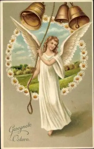 Präge Ak Glückwunsch Ostern, Engel läutet die Glocken