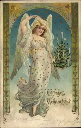 Präge Litho Glückwunsch Weihnachten, Engel mit Tannenbaum