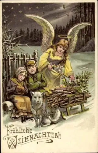 Präge Litho Glückwunsch Weihnachten, Engel legt Geschenke in Hundeschlitten, schlafende Kinder