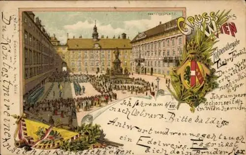 Litho Wien 1 Innere Stadt, Fahnenübergabe auf dem Franzensplatz, Wappen