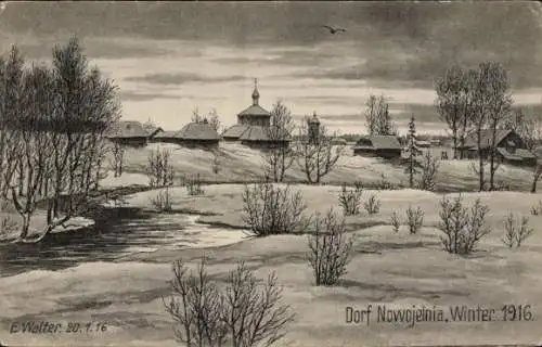 Künstler Ak Walter, E., Nowojelnia Weißrussland, Ansicht vom Dorf im Winter 1916